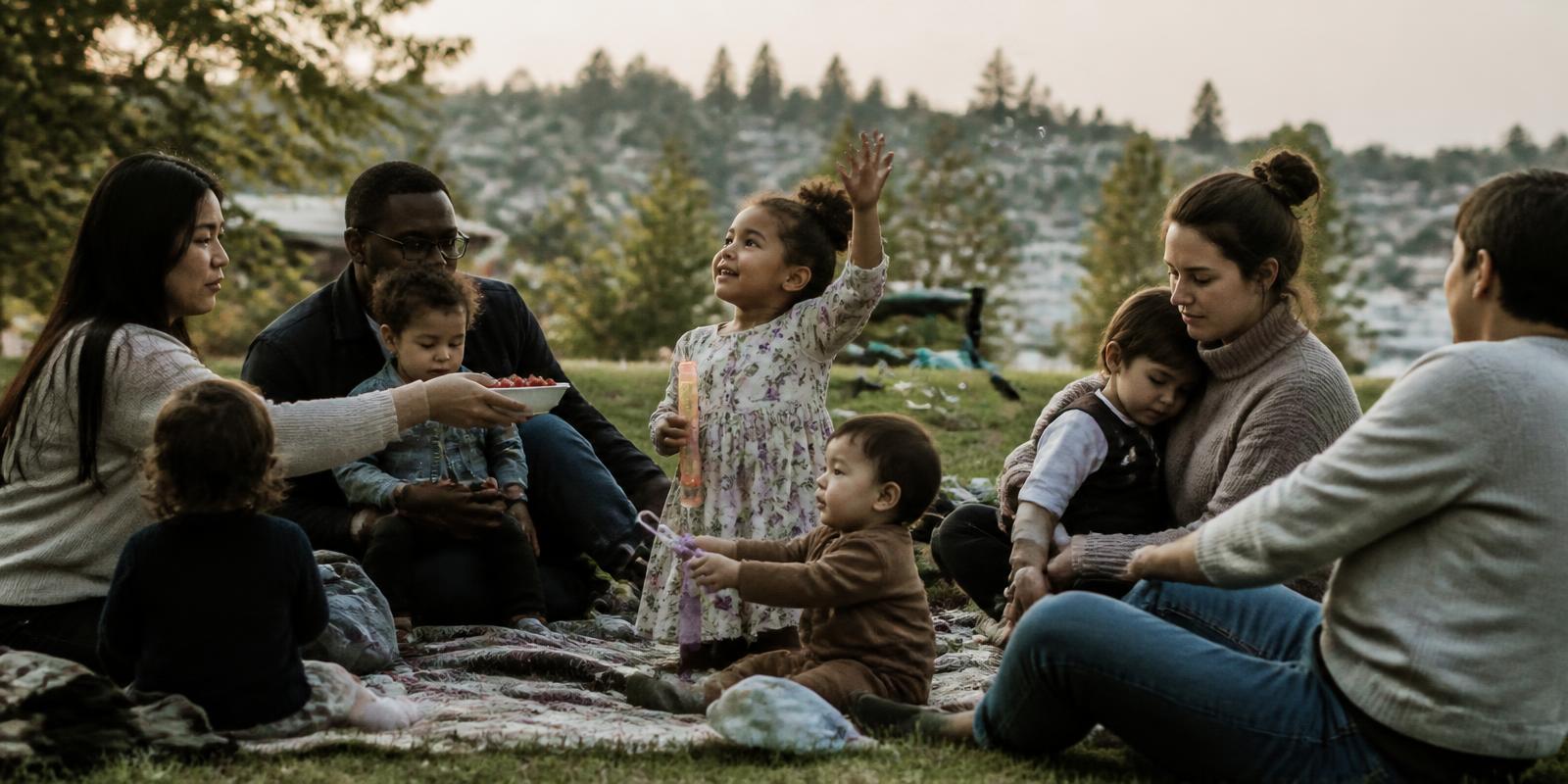 Parents and young children sharing a relaxed neighborhood picnic