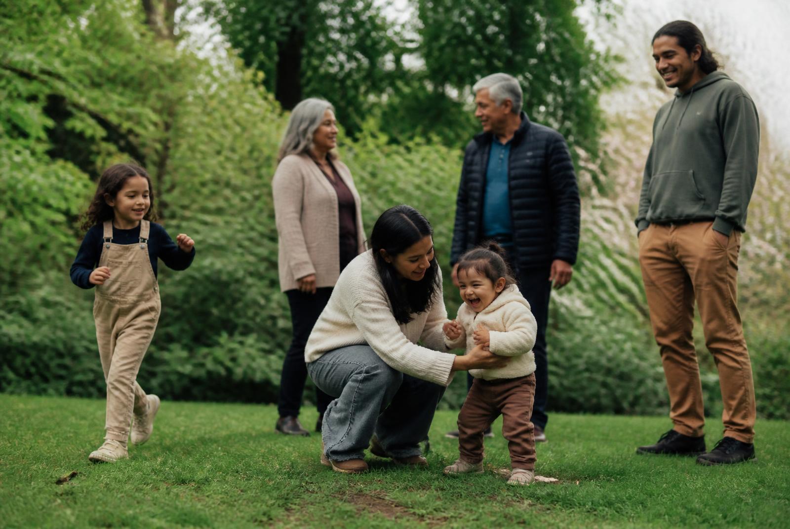 A multigenerational family sharing a playful afternoon in a neighborhood park